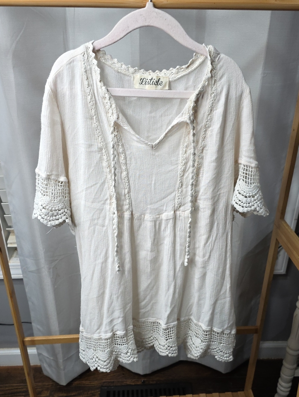 Listicle Cream Crochet-Trim Mini Dress